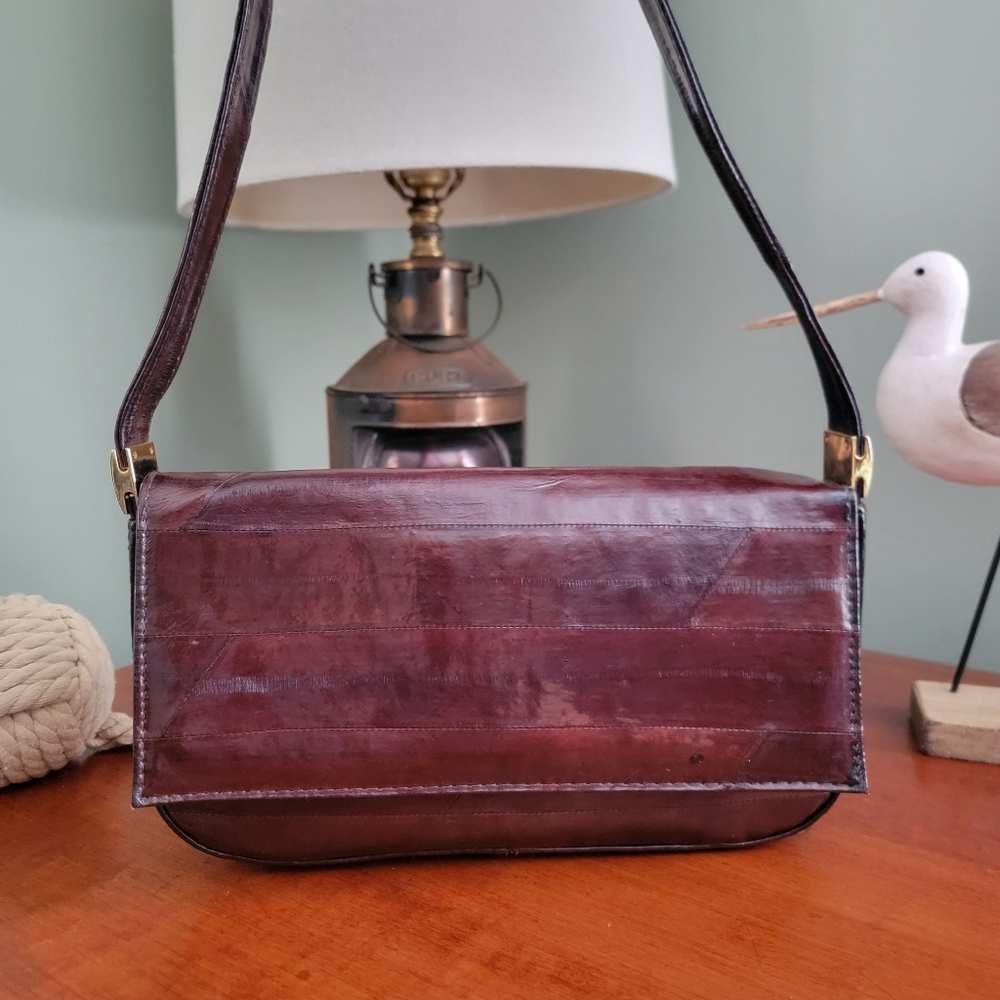 Vintage Mahogany Brown Genuine Eel Skin Flap Shoulder Bag Purse